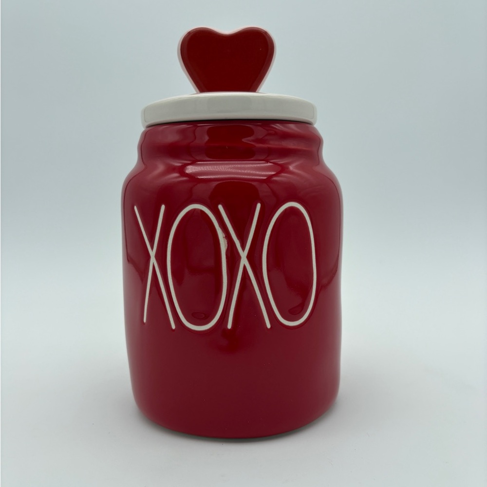 Pre Owned Rae Dunn Red With White Text Valentine Theme XOXO Canister with Lid